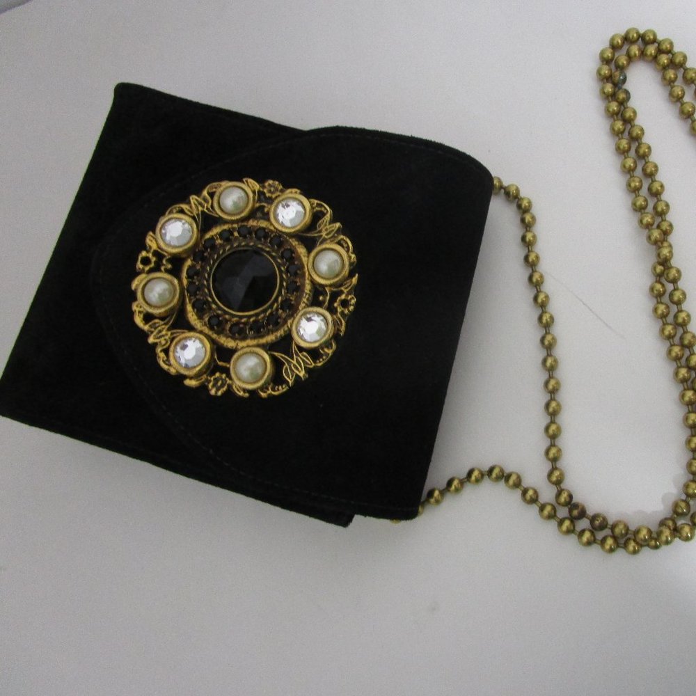 Jeweled Black Suede Box Crossbody Purse Shoulder Bag Gold Chain 80s